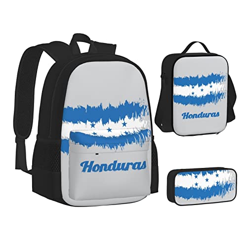 ELBULL Hacker Attack Schulrucksack Jungen Mädchen Schule Büchertasche Set Schüler Rucksack mit Lunchbox und Federmäppchen, Blau Honduras Flagge, Einheitsgröße, Reiserucksäcke von ELBULL