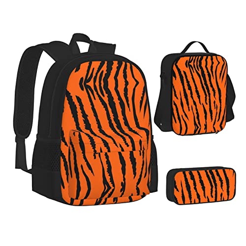 ELBULL Kolibri-Blumen-Schulrucksack für Jungen und Mädchen, Schul-Büchertaschen-Set, Schüler-Rucksack mit Lunchbox und Federmäppchen, Orange Tiger Leopard, Einheitsgröße, Reiserucksäcke von ELBULL