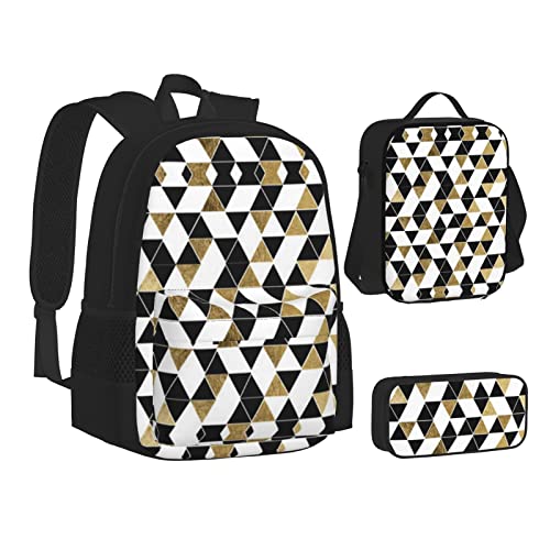 ELBULL Niedlicher Schulrucksack für Jungen und Mädchen, Schulranzen-Set, Schüler-Rucksack mit Lunchbox und Federmäppchen, Moderne, schwarz-weißgoldene Dreiecke., Einheitsgröße, Reiserucksäcke von ELBULL