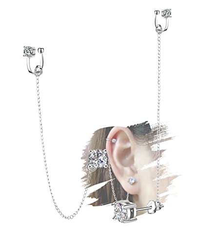 Zirkonia Ohrringe - Kristall Ohrmanschette Ohrringe Kette Sterling Silber Hypoallergene Zirkonia Ohrringe Strass Drop Dangle Ohrringe 2 in 1 Ohrringe Piercing Schmuck Geschenk für Frauen Mädchen von ELEDUCTMON