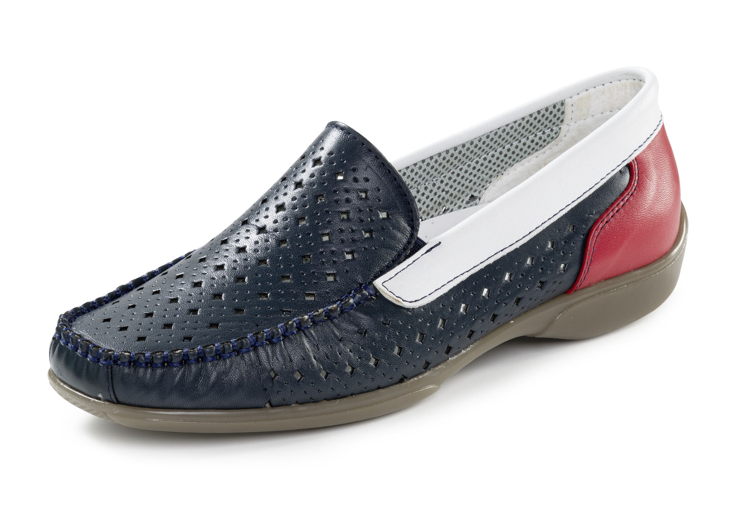 ELENA EDEN Mokassin-Slipper mit luftiger Perforation, Blau-Weiss-Rot, Größe 37 von ELENA EDEN