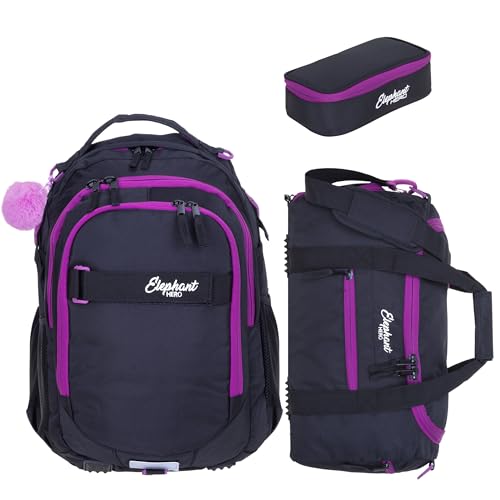 ELEPHANT 3 Teile Set Schulrucksack Jungen Mädchen Signature Hero 2 Schultasche Laptopfach Rucksack + Sporttasche + Mäppchen Box (Tiff Lila 13015 (Schwarz Lila Violett)) von ELEPHANT