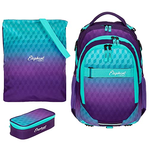 ELEPHANT Schulrucksack 3 Teile Set Hero Signature Jungen Mädchen Rucksack Mäppchen Box Sportbeutel Attach Bag rtmb (Violet Cube 12868 (Türkis Lila)) von ELEPHANT