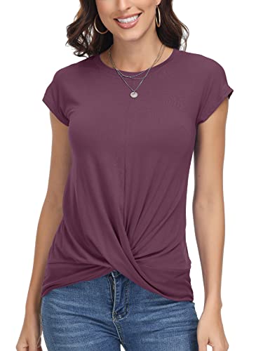 ELFIN Damen T-Shirt Einfarbig Rundhals Kurzarm Sommer Shirt Locker Oberteile Basic Tops Asymmetrisch Saum von ELFIN