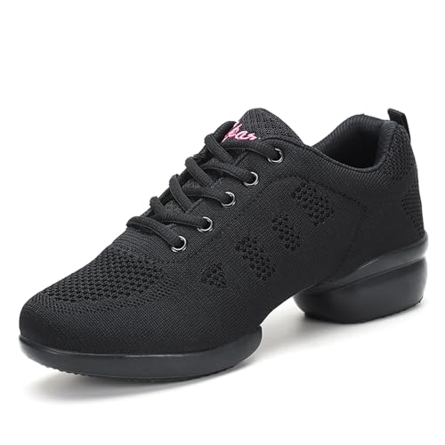 Damen Tanzschuhe Jazz-Schuhe Lace Up Tanzsneaker Leicht Atmungsaktiv Sportschuhe Line Dance Schuhe für Frauen Geteilte Sohlen Tanzschuhe für Sport Walking Trainings Schuh Sneaker Schwarz 37 von ELIOGN