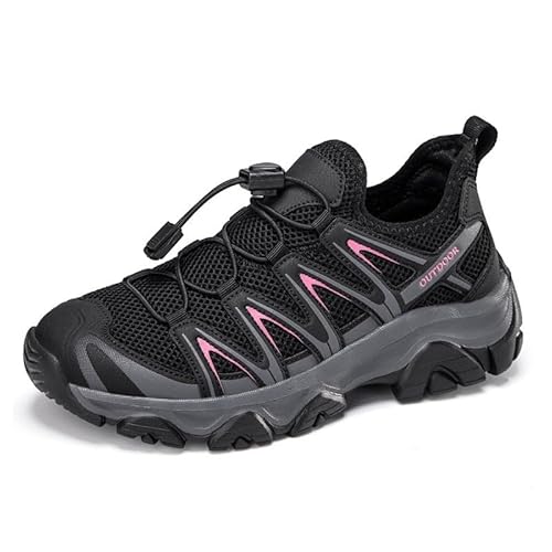 Trailrunning-Schuhe, Wanderschuhe, Outdoor-Arbeitsschuhe, Sneaker-Stil mit elastischer Sohle, kein Binden der Schnürsenkel nötig, passt sich dem Fuß an, Obermaterial aus Mesh(Color:Black-red,Size:42 E von ELroal