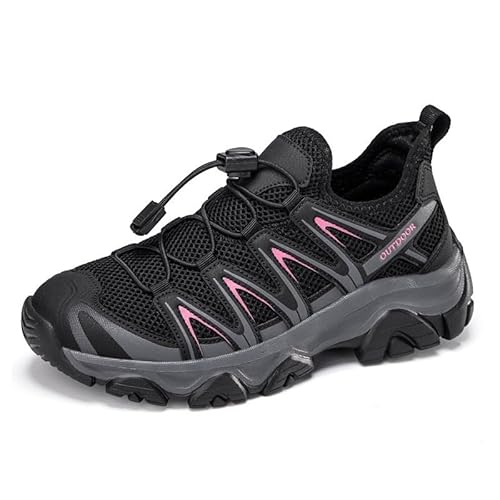 Trailrunning-Schuhe, Wanderschuhe, Outdoor-Arbeitsschuhe, Sneaker-Stil mit elastischer Sohle, kein Binden der Schnürsenkel nötig, passt sich dem Fuß an, Obermaterial aus Mesh(Color:Black-red,Size:43 E von ELroal