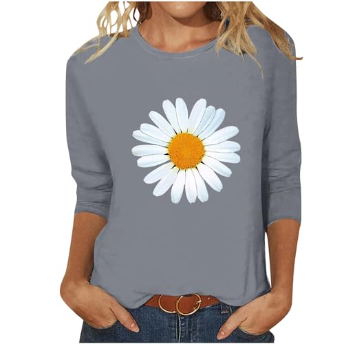 3/4 Arm Shirt Damen Elegant Tunika Tshirt Sommer Rundhals Oberteile Baumwolle Casual Bluse Tops Leicht Sport Longshirt Blumen Muster Sommershirts Gemütlich Sportshirt befristetes Angebot von EMATOP