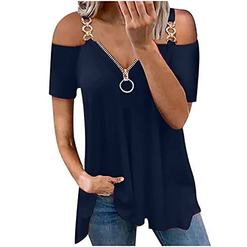 EMATOP Damen Bluse Elegant Sommershirts Shirt für Sommer Chiffon V-Ausschnitte Einfarbig Kurzarm Oberteile Locker T-Shirt Stilvoll Casual Baumwolle Kurzarm Crop Tops Shirts, Z25-dunkelblau, 4XL von EMATOP