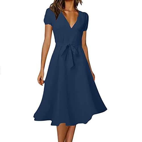 Damen Boho Sommerkleider Lang Chiffon Kleider V-Ausschnitt Kurzarm Blumen Strandkleid Elegant High Waist Partykleid Einfarbig Lässig Midikleid Vintage A-Linie Kleid Knielang Freizeitkleid von EMATOP