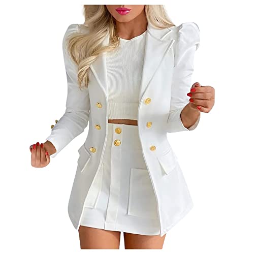 Damen Elegant Business Hosenanzüge 2 Teiler Langarm Blazer Jacke und Hohe Taille Rock Casual Einfarbig Sportanzug Vintage Festlich Tracksuit Zweiteiler Slim fit Cocktail Outfit für Frauen von EMATOP