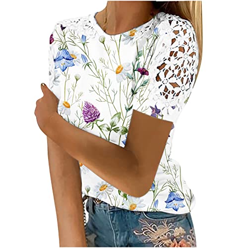 Damen Elegant Sommer Tshirt Spitzen Kurze Ärmel Bluse Tops Baumwolle Einfarbig Tunika Sommershirts Rundhals Mode Sportshirt Leicht Bequemes Oberteile Teenager Mädchen Kurzarm Shirt von EMATOP