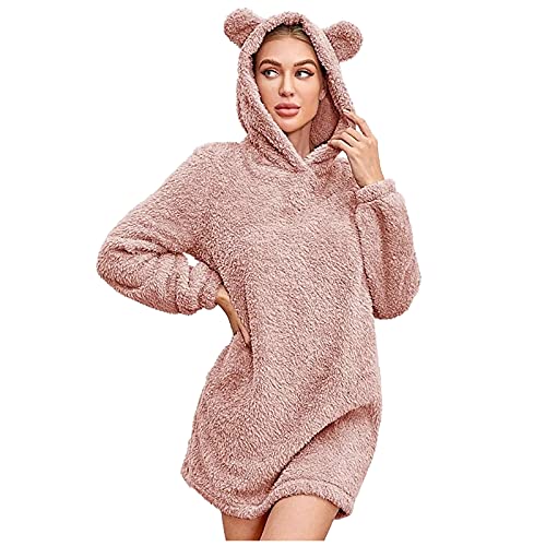 EMATOP Damen Hoodie Pullover Oversize Lang Teddy Kapuzenpullover Sweatshirt Lässiges Einfarbig Langarm Pulli Winter Warm Plüsch Kapuzenpullis Weihnachten Schlafanzug Pyjama Schön Minikleid von EMATOP