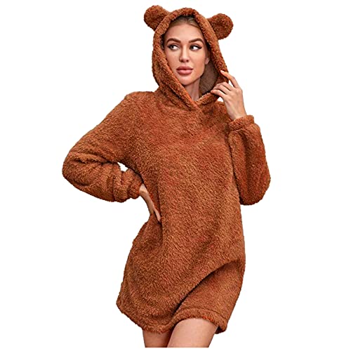 EMATOP Damen Hoodie Pullover Oversize Lang Teddy Kapuzenpullover Sweatshirt Lässiges Einfarbig Langarm Pulli Winter Warm Plüsch Kapuzenpullis Weihnachten Schlafanzug Pyjama Schön Minikleid von EMATOP