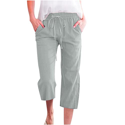 Damen Hose Sommer Leicht Freizeithose Casual Loose Fit Sommerhose Baumwolle Leinen Strandhose mit Kordelzug und Taschen Sporthose Elegant 3/4 Länge Weites Bein Hosen Einfarbig Caprihose von EMATOP