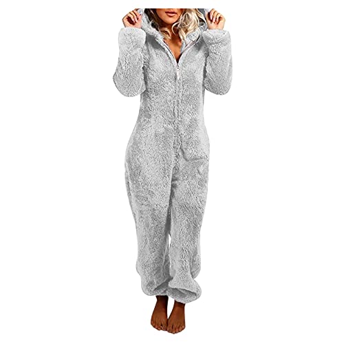 EMATOP Damen Jumpsuit Teddy Fleece Einteiler Onesie Plüsch Overall Lang Pyjama Flauschig Schlafanzug Bequemer Hausanzug mit Kapuze Warm Loungewear Weich Kuschelig Homewear von EMATOP