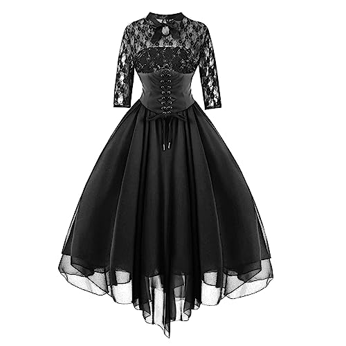 Damen Kurzarm Gothic Spitzenkleid Vintage A Line Cocktailkleid Halloween Cosplay Kostüm Minikleid Knielang Gothic Kleid Swing Cocktail Hexenkleid Hohe Taille Elegant Abendkleid Festlich von EMATOP