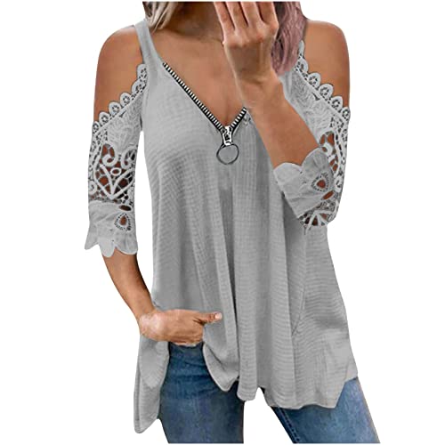 Damen Oberteile Spitzen Sexy Knopfleiste Tiefe V-Ausschnitt T Shirt Tops Sommer Blusen Elegant Spitzebluse Spitzenrand Hemd von EMATOP