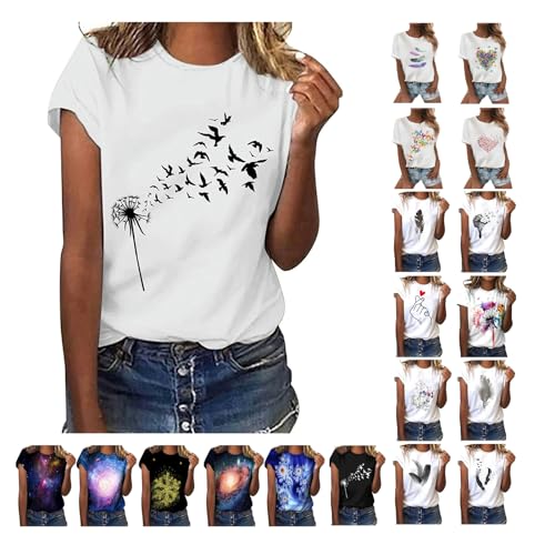 Damen Tshirt Sommer Casual Kurzarm Tops Weiß Rundhals Oberteile Freizeit Lose Tunika Shirt Baumwolle Einfarbig Bluse Sommershirts Feder Muster Sportshirt Longshirt Deals of The Day von EMATOP