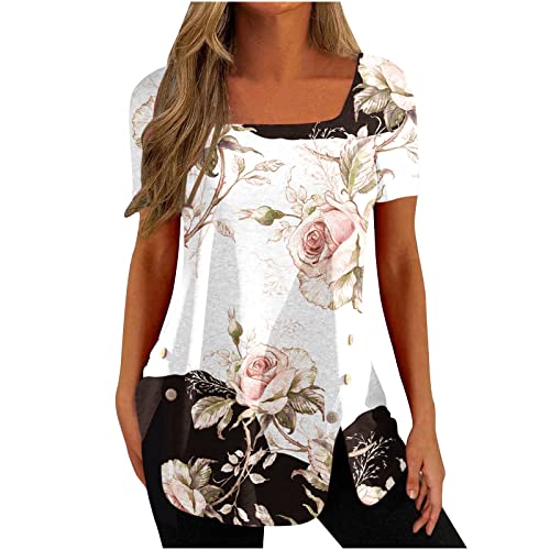 Damen Tunika Shirt Locker Elegant Oberteile Lässiges Baumwolle Kurzarm Longshirt Lose Plissiert Tshirts Vintage Leicht Bluse Tops Neuartiger Druck Sommershirt Angebote des Tages Heute Deal von EMATOP