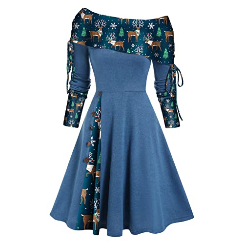 Damen Ugly Weihnachtskleid Lustig Rockabilly Kleid Ärmellos V-Ausschnitt Cocktailkleid Festival A-Linie Partykleid Schneeflocke Muster Abendkleid High Waist Baumwolle Petticoat Faltenrock von EMATOP