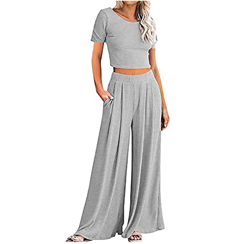 EMATOP 2 Teiler Freizeitanzug Damen Elegante Strick Kurzarm T-shirt + Hosen Lang Locker Hosenanzug Zweiteiler Leisure Oberteil Tops und Caprihose Loungewear Outfit angebote tages blitzangebote von EMATOP