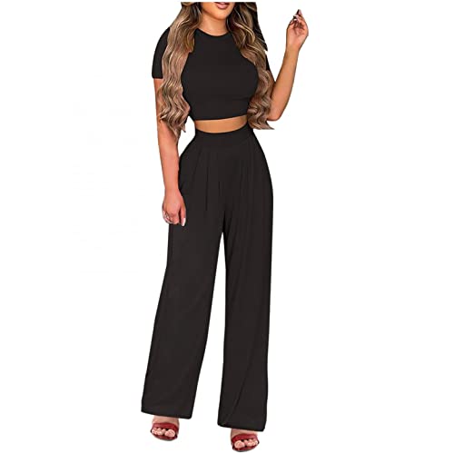 EMATOP 2-teiliges Sport Set für Damen Freizeitanzug Sexy Bauchfreie Oberteile und Weites Bein Hosen Sommer Boho Hosenanzug Rundhals Einfarbig Crop Tops mit Lang Sommerhose Elegant Outfit von EMATOP