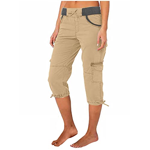 EMATOP 3/4 Sporthose Damen Sommer Cargohosen Einfarbig Regular Fit Freizeithose Hohe Taille Vintage Caprihose Jogginghose mit Taschen Arbeitshose Kurze Sommerhosen Pumphose Stoffhose von EMATOP