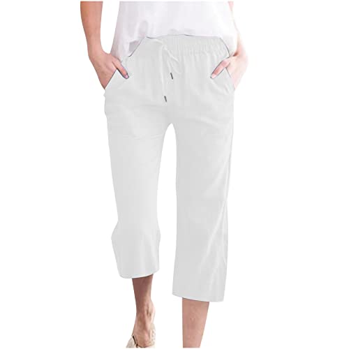 EMATOP Angebot des Tages Leinenhose Damen Sommer Leicht 3/4 Hose Elegant Einfarbig Yogahose Baumwolle Leinen Stoffhose Lässig Weites Hosen mit Taschen Jogginghose Bequem Strandhose Caprihose von EMATOP