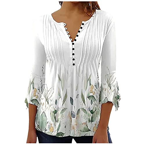 EMATOP Angebote Tages blitzangebote Longshirt Damen Elegant V-Ausschnitt Tunika Shirt Lässige 3/4 Ärmel Oberteile Vintage Baumwolle Bluse Tops Schön Blumen Druck Sommershirts Plissiert T-Shirt von EMATOP