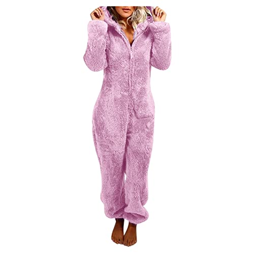 EMATOP Angebote Tages blitzangebote Overall Damen Teddy Fleece Jumpsuit Kuschelig Einteiler Onesie Winter Warm Schlafanzug Lang Bequemer Hausanzug Flauschig Plüsch Schlafoverall mit Kapuze Loungewear von EMATOP