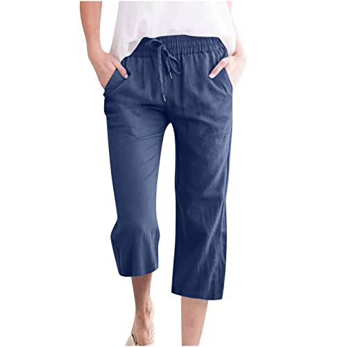 EMATOP Angebote des Tages Heute Leinenhose Damen Sommer Leicht 3/4 Hose Elegant Einfarbig Yogahose Baumwolle Leinen Stoffhose Lässig Weites Hosen mit Taschen Jogginghose Bequem Strandhose Caprihose von EMATOP