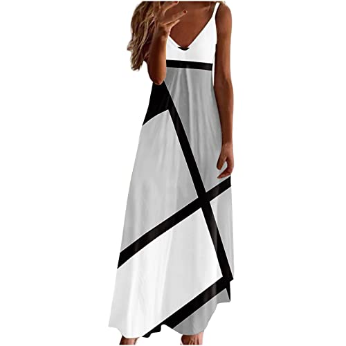 EMATOP Böhmisch Kleid Damen Ärmellos Lang Sommerkleider V Ausschnitt Elegant Strandkleid Lässig Lose Maxikleider Hohe Taille Cocktailkleid Mode Farbblock Shirtkleid Locker Baumwolle Freizeitkleid von EMATOP