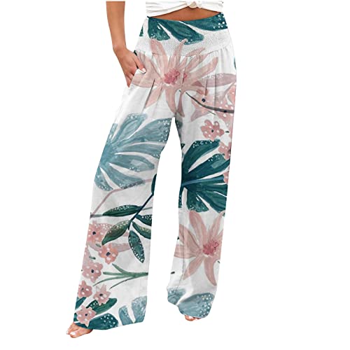 EMATOP Boho Hose Damen Leicht Leinenhose Sommer Lang Freizeithose Baumwolle Leinen Boho Strandhose Lässige Baggy Sommerhose Bequem Palazzo Hosen Blumen Muster Stoffhose mit Taschen Sporthose von EMATOP