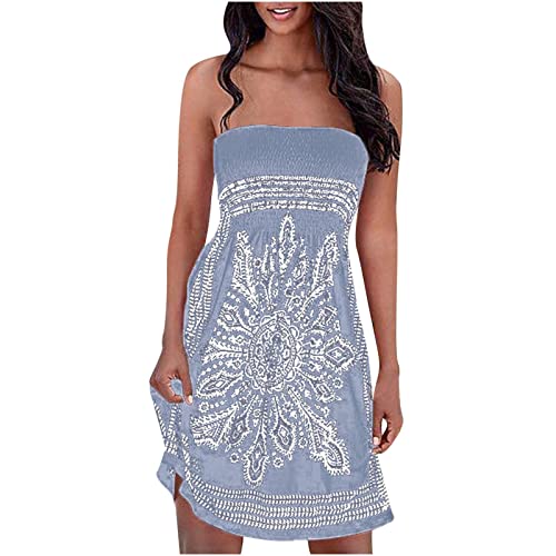 EMATOP Boho Kleid Damen Sexy Bandeau Sommerkleid Kurz Elegant Strandkleid Trägerlos Ärmellos Freizeitkleid Knielang Party Cocktailkleid Stretch Hohe Taille Minikleid Baumwolle Faltenkleid von EMATOP