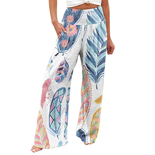 EMATOP Caprihose Damen Sommer Elegant Stoffhose Baumwolle Leinen Boho Strandkleid Leicht Weite Beine Hose Casual Lose Sporthose mit Taschen Leinenhose Bunte Blumen Druck Freizeithose für Frauen von EMATOP