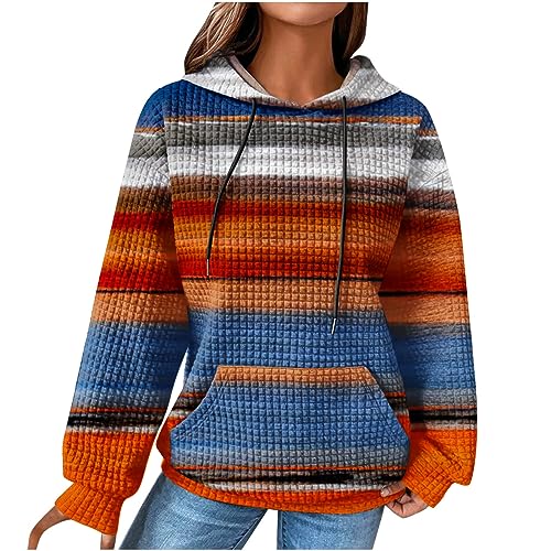 EMATOP Damen Baumwolle Hoodie Langarm Causal Kapuzenpullover Herbst Winter Warm Pullover Vintage Bunte Print Sweatshirt mit Kapuze Pulli Oberteile Mode Waffel Kapuzenpulli mit Taschen Outwear von EMATOP