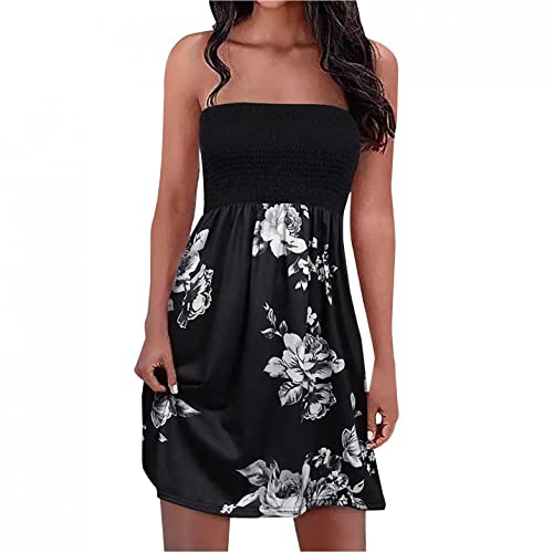 Damen Boho Kleid Bandeau Sommerkleid Elegant Kurz Freizeitkleid Trägerlos Ärmellos Strandkleid Cocktailkleid Farbverlauf Blumen Druck Minikleid Stretch Hohe Taille Faltenkleid,Schwarz,XXL von EMATOP