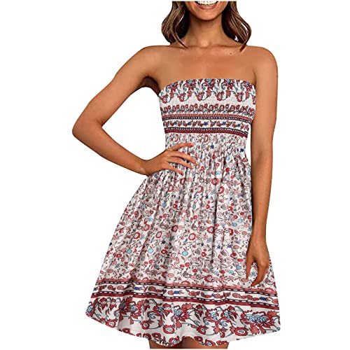 EMATOP Damen Boho Kleid Bandeau Sommerkleid Elegant Kurz Freizeitkleid Trägerlos Ärmellos Party Strandkleid Cocktailkleid Farbverlauf Blumen Druck Minikleid Stretch Hohe Taille Faltenkleid von EMATOP