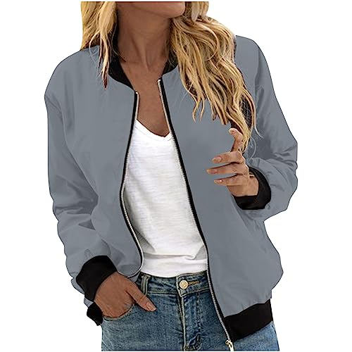 EMATOP Damen Bomberjacke Leichte Langarm Pilotenjacke Casual Kurze College Jacke Zip Up Sportjacke Lose Einfarbig übergangsjacke Stehkragen Elegant Pilotenjacke Herbst Frühling Outdoorjacke von EMATOP