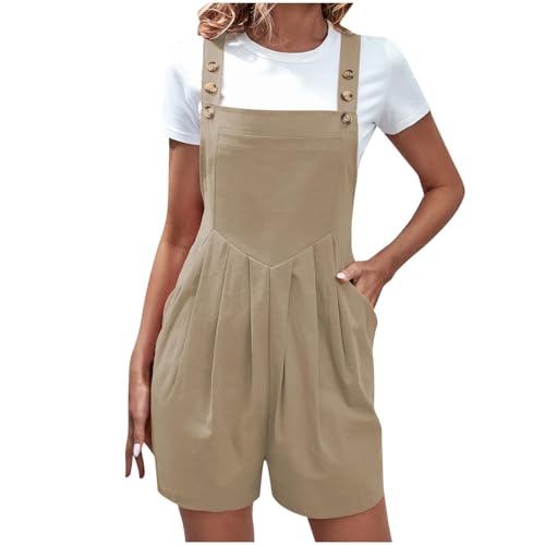 EMATOP Damen Elegant Kurz Playsuit Sommer Ärmellos Jumpsuit Einfarbig Baumwolle Einteiler Overalls Lässig Baggy Latzhose Hohe Taille Trägerhose Taschen Arbeitshose befristetes angebot von EMATOP