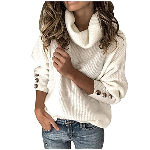 EMATOP Damen Gerippter Rollkragenpullover Elegant Langarm Pullover Casual Feinstrick Strickpulli Oberteile Weich Warm Sweatshirts Stretch Einfarbig Strickpullover Black Friday Angebote 2023 von EMATOP