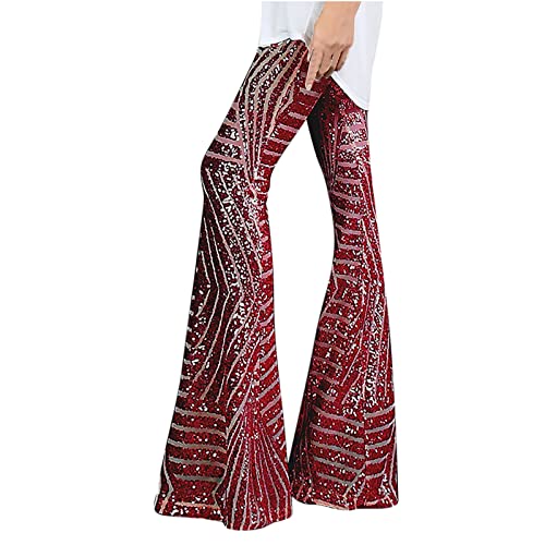 EMATOP Damen Glitzer Pailletten Hose Elegant Lang Sommerhose Boho Strandhose Hoch Taillierte Schlaghose Dehnbar Lässige Leggings Neuartiger Druck Hippie Hosen Teenager Mädchen Streetwear von EMATOP