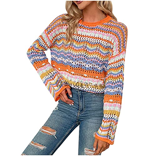 EMATOP Damen Grobstrick Pullover Langarm Jumper Sweater Casual Stricken Strickpullover Bunt Streifen Pulli Sweatshirt Farbblock Elegant Jumper Oberteile Herbst Winter Outwear Longpullover Frauen von EMATOP