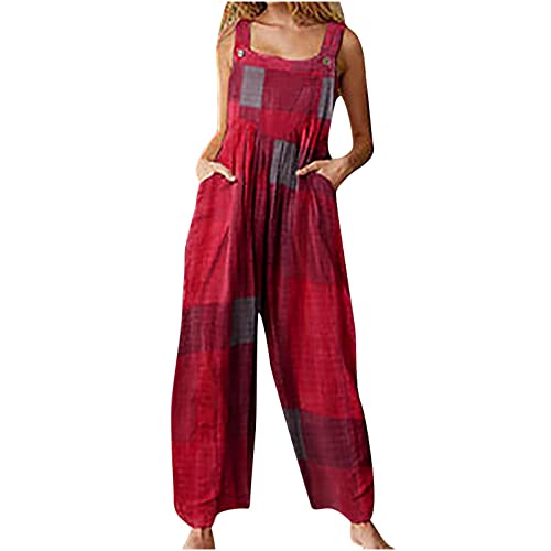 EMATOP Damen Jumpsuit Elegant Sommer Hosenanzug Ärmellos Overall Baumwolle Leinen Strampler Rompers Weitem Bein Playsuit Beiläufig Einfarbig Blumendruck Hosen Frauen Latzhose mit Taschen von EMATOP