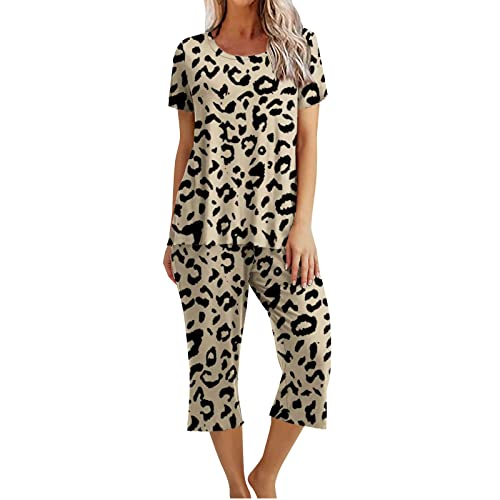 EMATOP Damen Kurz Pyjama Set Lässiges Kurzarm Top mit 3/4 Lang Schlafhose Zweiteiliger Schlafanzug Tie Dye Nachtwäsche Lose Baumwolle Tshirt und Pyjamahose Hausanzug Elegant Freizeitanzug Outfit von EMATOP