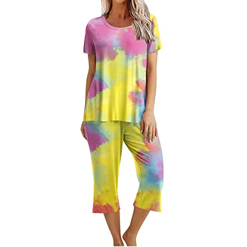 EMATOP Damen Kurz Pyjama Set Lässiges Kurzarm Top mit 3/4 Lang Schlafhose Zweiteiliger Schlafanzug Tie Dye Nachtwäsche Lose Baumwolle Tshirt und Pyjamahose Hausanzug Elegant Freizeitanzug Outfit von EMATOP