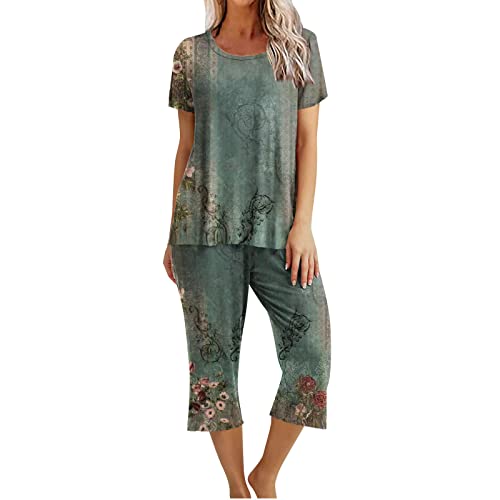 EMATOP Damen Kurzarm Pyjama Set Sommer Baumwolle Schlafanzug 3/4 Lang Hose und Oberteile Tops Nachtwäsche Zweiteiliger Weich Hausanzug Vintage Neuheit Jogginganzug blitzangebote des Tages von EMATOP