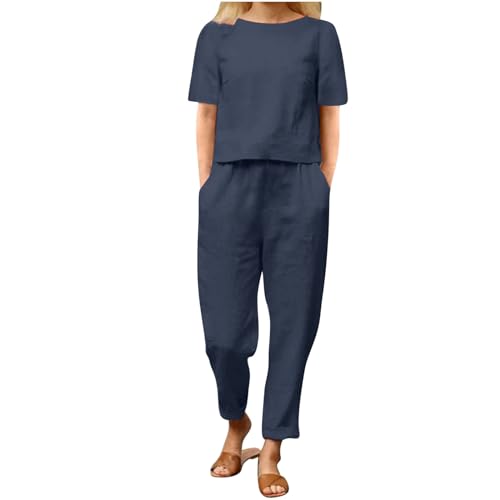 EMATOP Damen Lässiges Leinen Outfits Sommer Zweiteilige Freizeitanzug Baumwolle Leicht Hosenanzug Lose Kurzarm Tshirt und Hose Tracksuit mit Taschen Jogginganzug Sportanzug angebote des tages heute von EMATOP