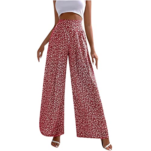 EMATOP Damen Lang Sommerhose High Waist Elegant Stoffhose Leicht Weites Bein Hosen Vintage Blumen Bedruckte Sporthose mit Taschen Freizeithose Boho Strandhose Baumwolle Lose Lounge Pants von EMATOP